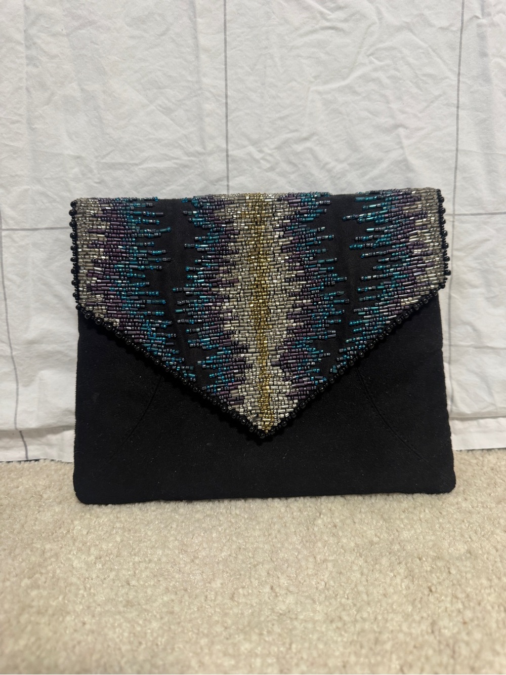 Mary Frances Black Beaded Envelope Clutch with Teal, Purple & Gold Accents